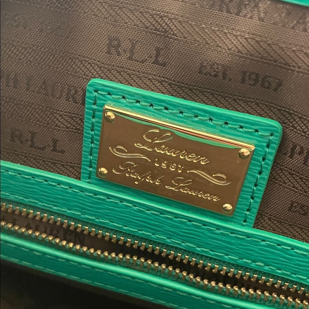 Lauren Ralph Lauren Newbury Emerald Green Embossed Logo Footed Tote Bag - Picture 11 of 14